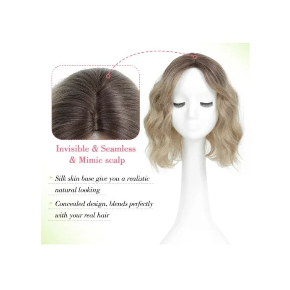 11in Short Wavy Hair Topper Ombre Brown Blonde Synthetic Hairpiece 6.5x6.5